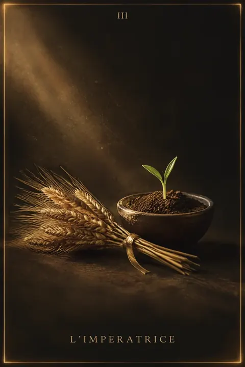 L’Imperatrice, carta del mazzo Alchimus 1881: un covone di grano legato con un nastro dorato e, accanto, una ciotola di terra scura da cui spunta un g