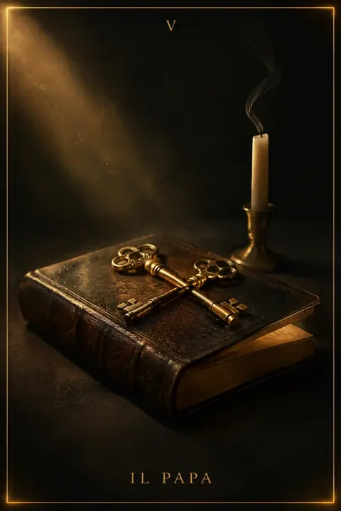 Il Papa, carta del mazzo Alchimus 1881: un libro antico rilegato in cuoio, con due chiavi d’oro incrociate sulla copertina.