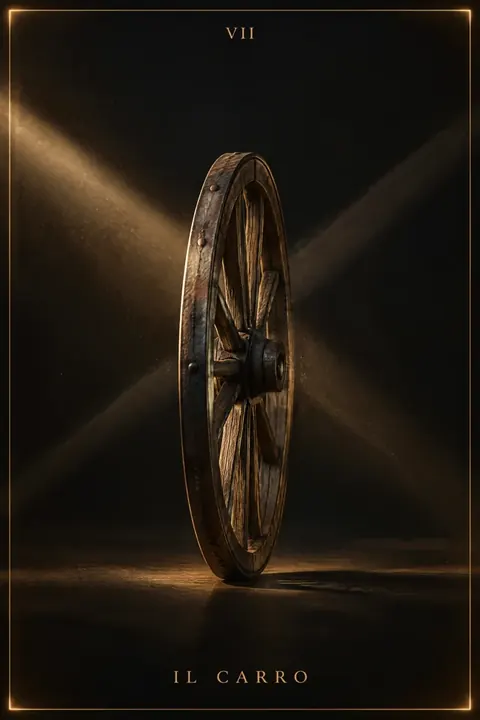 Il Carro, carta del mazzo Alchimus 1881: una ruota di legno cerchiata di ferro, con i chiodi in vista, in piedi su un piano scuro.