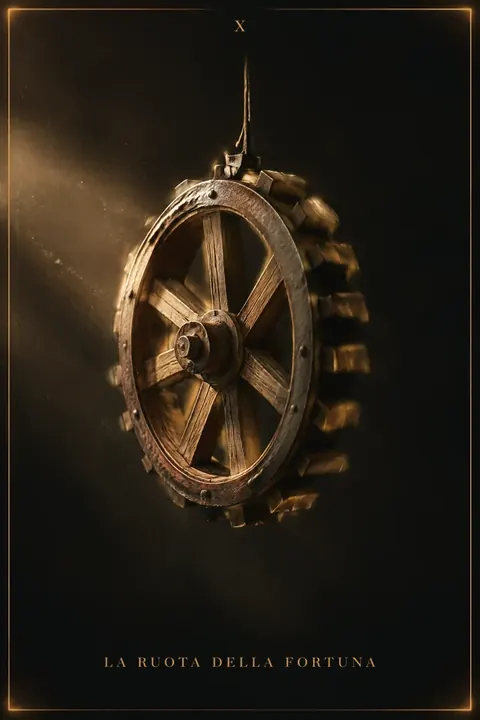 La Ruota della Fortuna, carta del mazzo Alchimus 1881: una ruota di legno con cerchio di ferro, appesa a una corda.