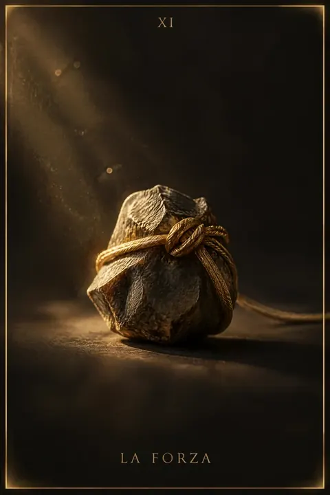 La Forza, carta del mazzo Alchimus 1881: una pietra grezza e scura stretta da una corda d’oro annodata.