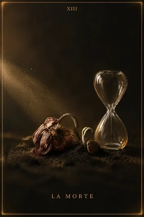 La Morte, carta del mazzo Alchimus 1881: un fiore appassito reclinato sulla terra scura.