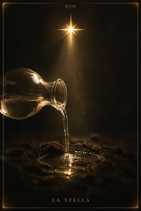 La Stella, carta del mazzo Alchimus 1881: una brocca di vetro inclinata versa un filo d’acqua su terra scura, dove si forma una piccola pozza.