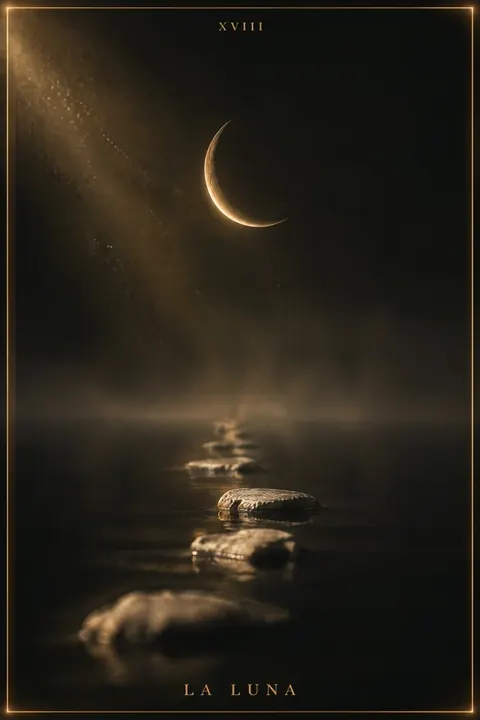 La Luna, carta del mazzo Alchimus 1881: una falce di luna in un cielo scuro.