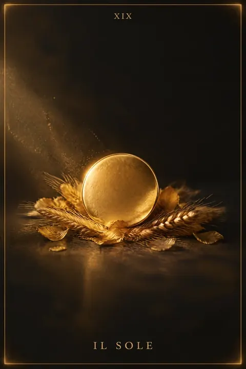Il Sole, carta del mazzo Alchimus 1881: un grande disco d’oro lucido appoggiato su un letto di spighe e foglie dorate, con un alone caldo attorno.