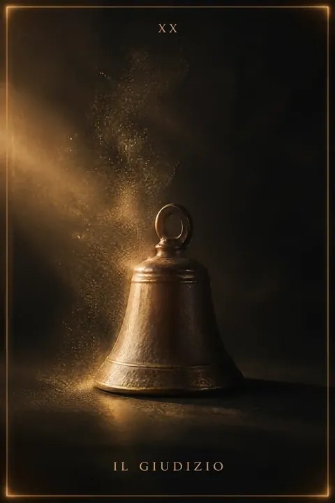 Il Giudizio, carta del mazzo Alchimus 1881: una campana di bronzo battuto appoggiata su un piano scuro, con l’anello per appenderla in cima.