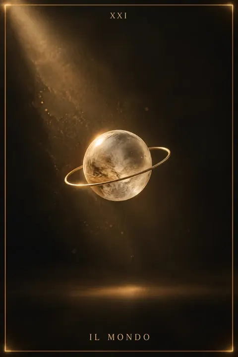Il Mondo, carta del mazzo Alchimus 1881: una sfera di pietra chiara, venata e semitrasparente, sospesa nel buio.