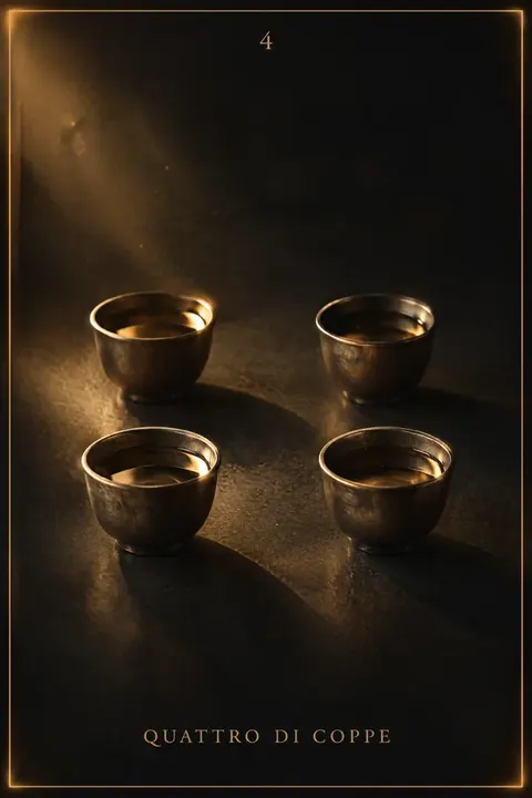 Quattro di Coppe, carta del mazzo Alchimus 1881: quattro coppe basse, piene d’acqua, disposte ai quattro angoli di un rettangolo su un piano scuro, lo