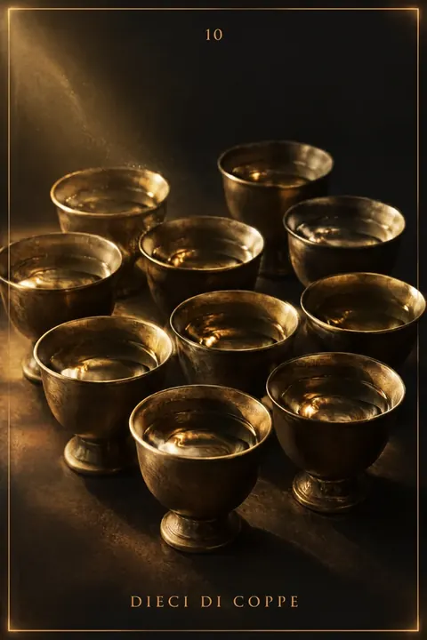 Dieci di Coppe, carta del mazzo Alchimus 1881: dieci coppe di bronzo, tutte piene d’acqua, ammassate vicine fino a riempire la carta.