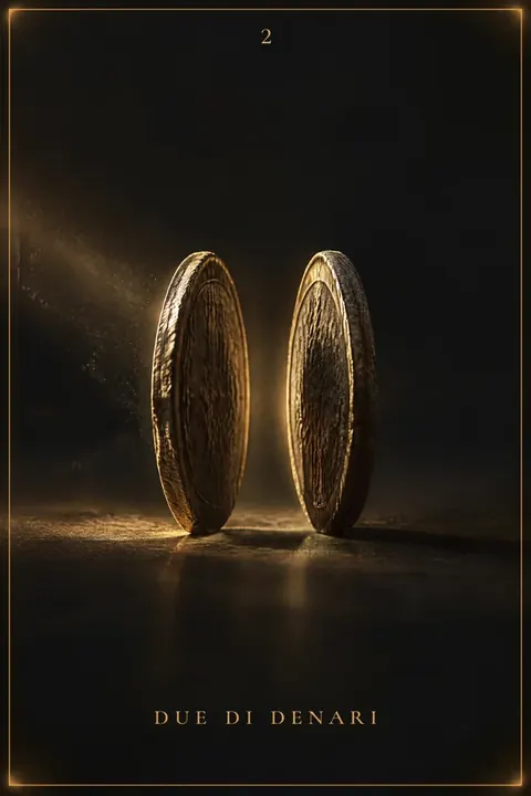 Due di Denari, carta del mazzo Alchimus 1881: due monete d’oro in piedi sul bordo, una accanto all’altra, con un varco di luce calda in mezzo.