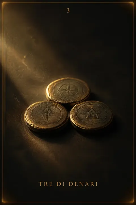 Tre di Denari, carta del mazzo Alchimus 1881: tre monete d’oro addossate a triangolo, ciascuna con un segno diverso: una stella a otto punte, una fogl