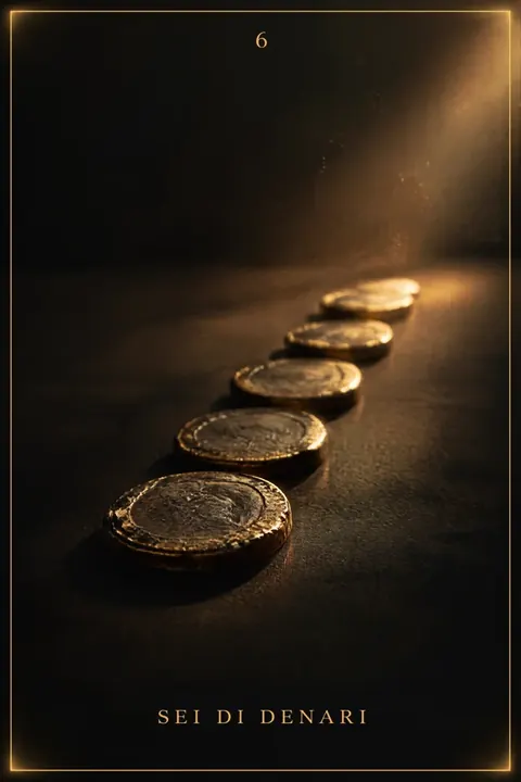 Sei di Denari, carta del mazzo Alchimus 1881: sei monete d’oro in fila su un piano scuro, dalla più vicina e grande alla più lontana e piccola, verso