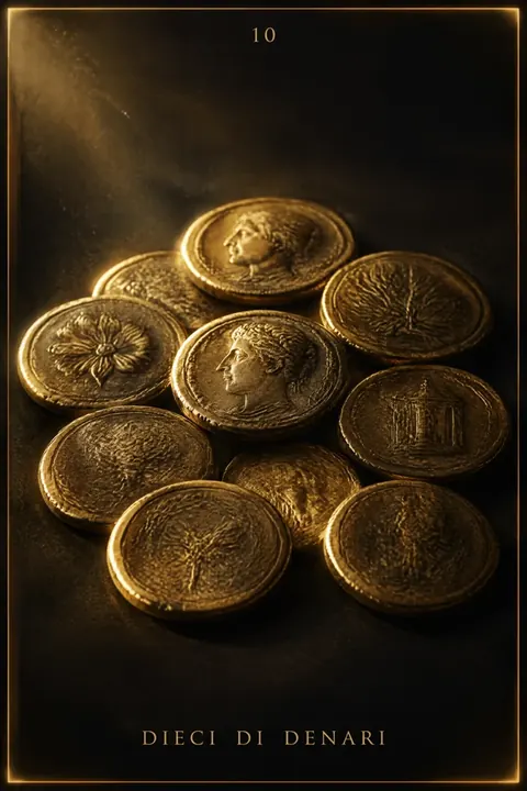 Dieci di Denari, carta del mazzo Alchimus 1881: dieci monete d’oro accatastate, con incisioni diverse: due profili di volto, un fiore, un albero, un p