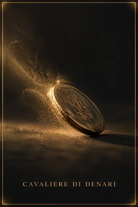 Cavaliere di Denari, carta del mazzo Alchimus 1881: una moneta d’oro scuro inclinata in avanti, con una foglia incisa sulla faccia, avvolta da una sci