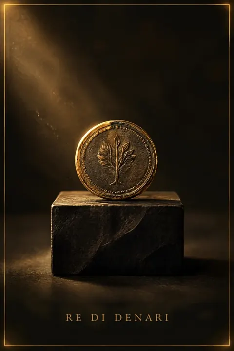 Re di Denari, carta del mazzo Alchimus 1881: una moneta d’oro con un albero a rami aperti, in piedi sul bordo su un blocco di pietra scura, al centro.