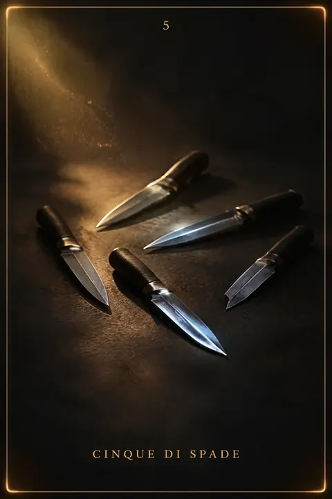 Cinque di Spade, carta del mazzo Alchimus 1881: cinque pugnali sparsi alla rinfusa su un piano scuro, puntati in direzioni diverse.